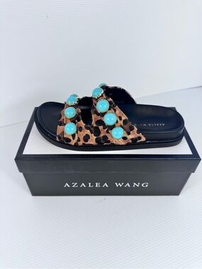 Azalea Wang Uzumati Leopard Turquoise Studded Slide Sandals NIB